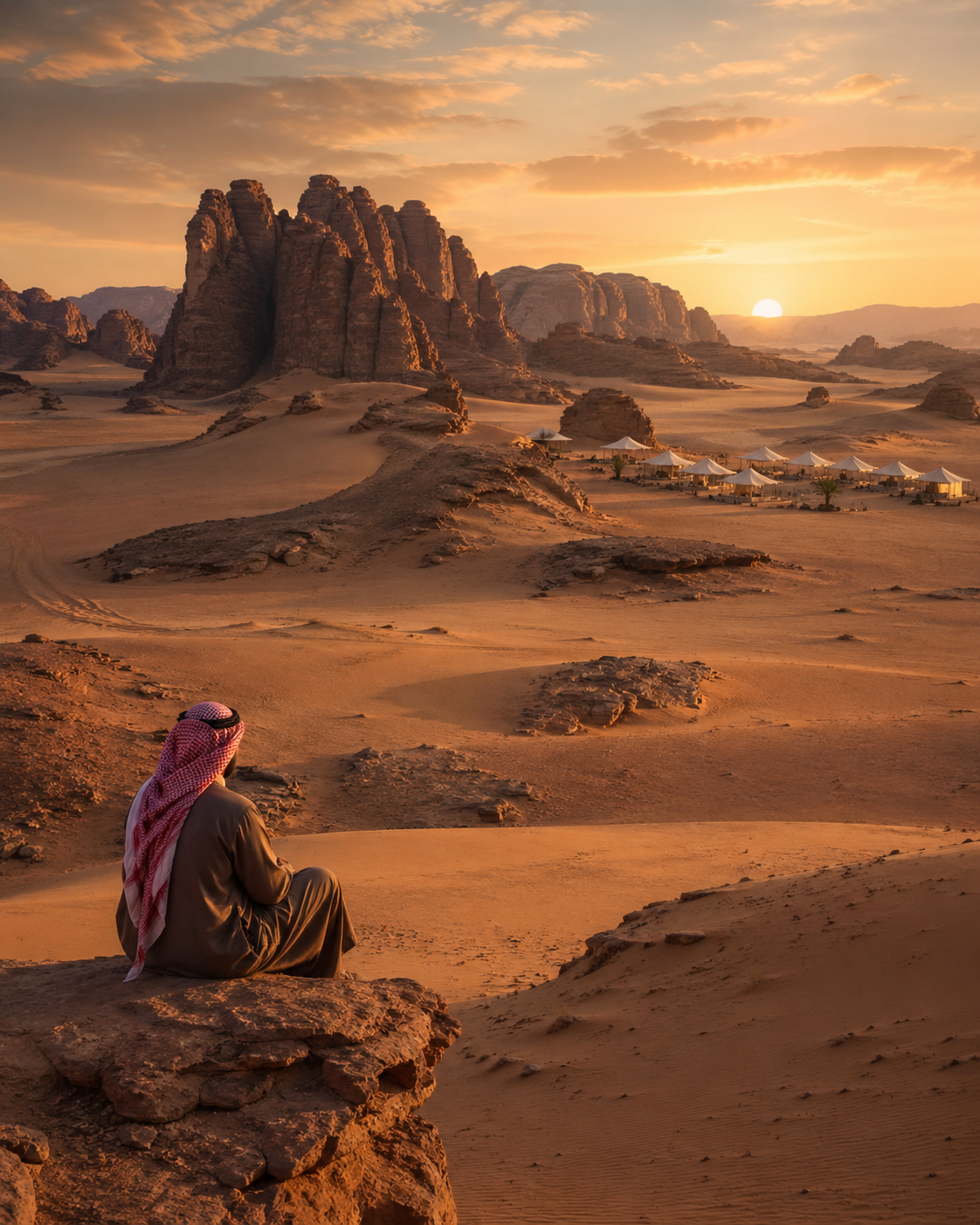Saudi desert landscape at sunset